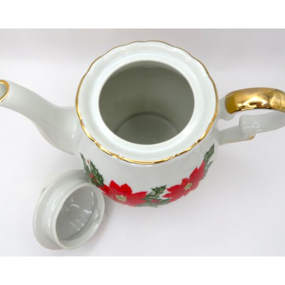 Lefton Christmas Teapot 1987 Poinsettia Holly Gold Trim Holiday Serveware Japan - Picture 8 of 16